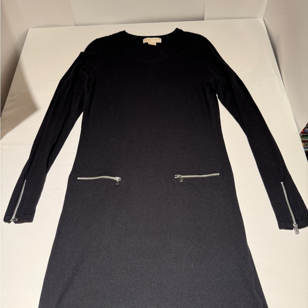 Michael Kors Black Long Sleeve Sweater Dress with Zipper Accents Medium - Picture 3 of 6